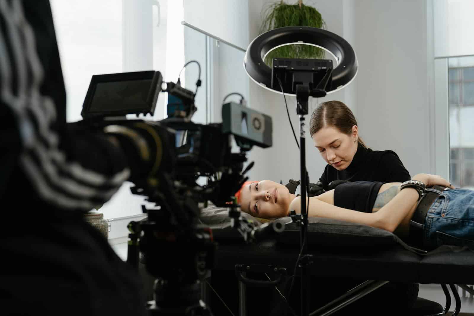 Tattoo artist at work in a studio, filmed for a documentary project.
