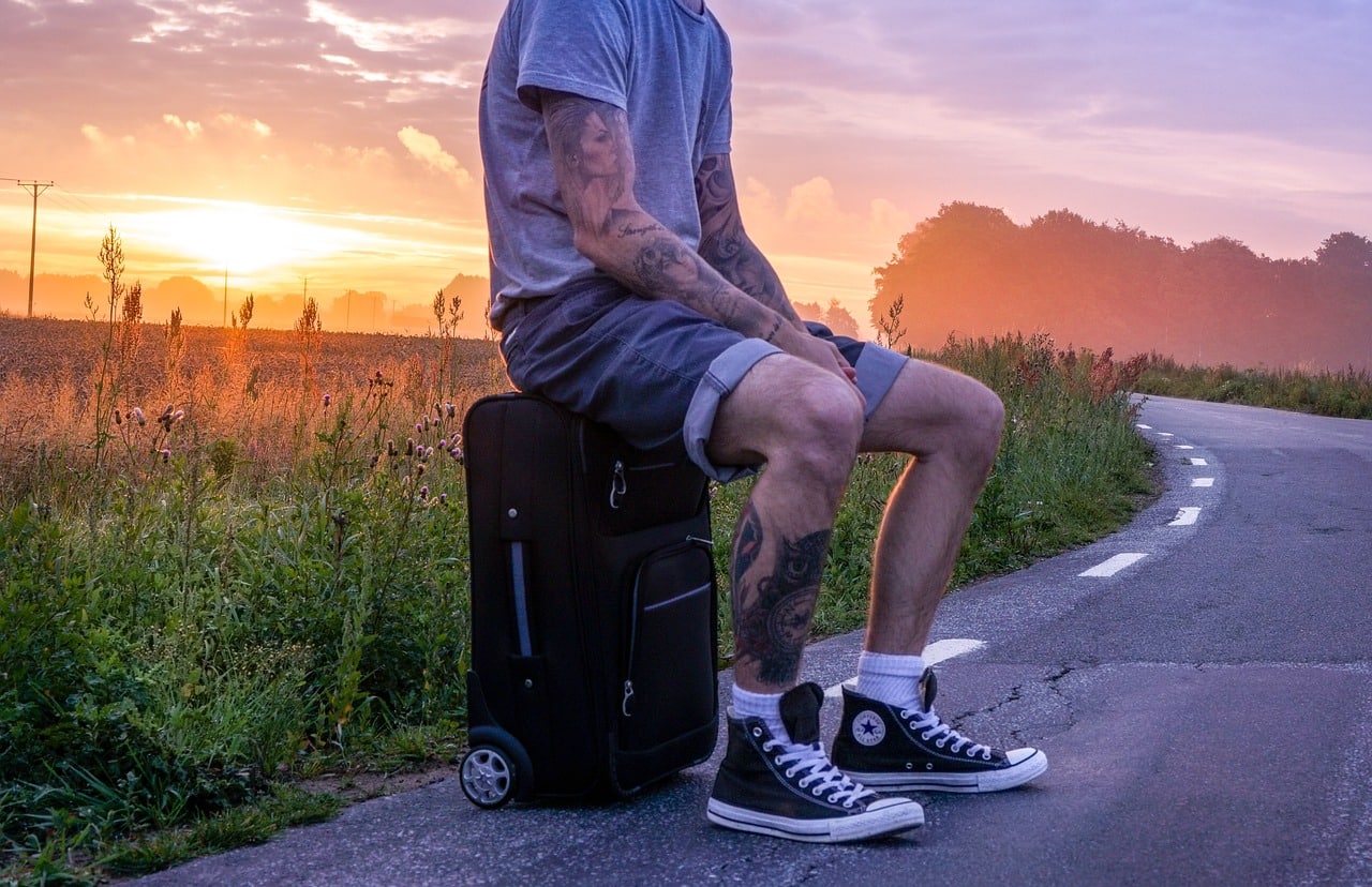 traveler, hiker, trip, hike, hitchhike, hitchhiker, man, tattooed, tattoos, tattoo, suitcase, shorts, converse, sitter, the road, road, hitchhiker, tattoos, tattoo, tattoo, tattoo, tattoo, tattoo, suitcase, suitcase, suitcase, shorts, shorts, converse